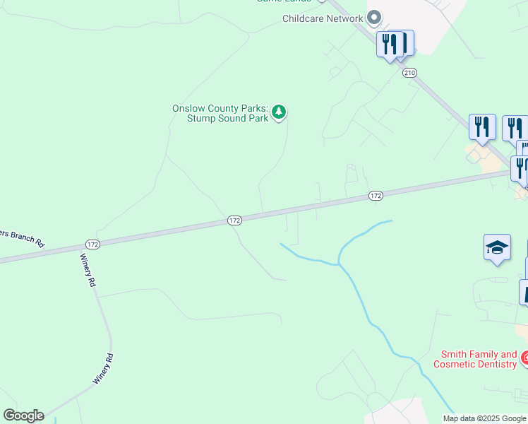 map of restaurants, bars, coffee shops, grocery stores, and more near 1799 Highway 172 in Sneads Ferry