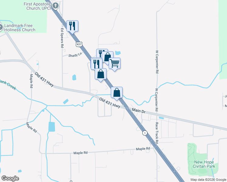 map of restaurants, bars, coffee shops, grocery stores, and more near 10160 U.S. 431 in New Hope