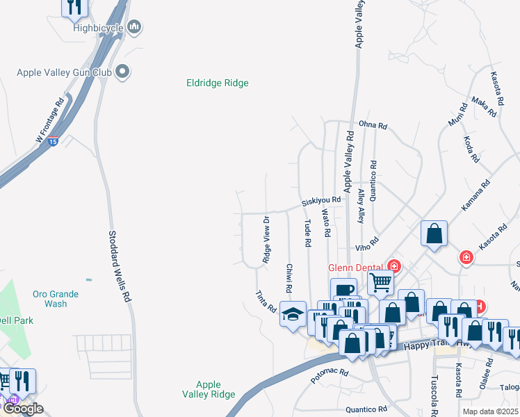 map of restaurants, bars, coffee shops, grocery stores, and more near 17648 Siskiyou Road in Apple Valley