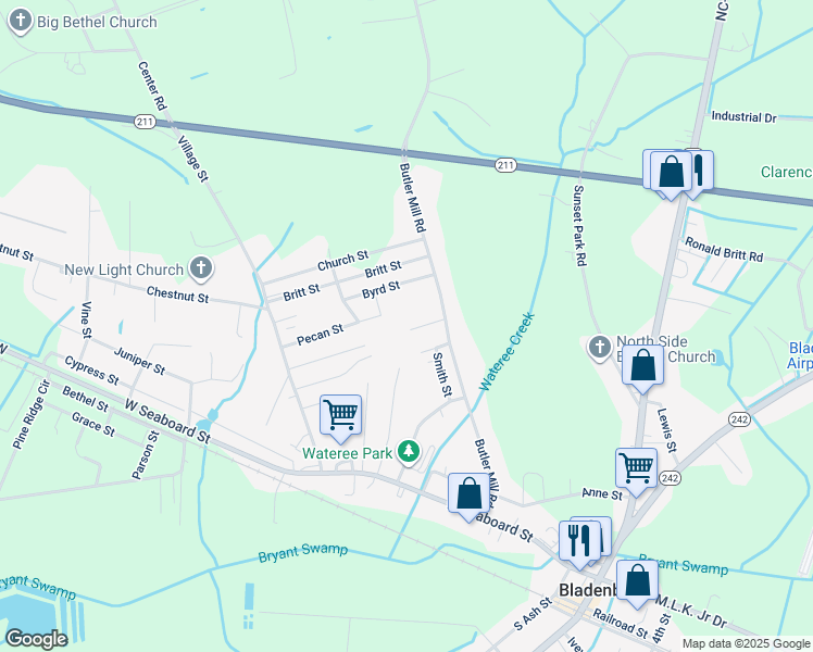 map of restaurants, bars, coffee shops, grocery stores, and more near 119 Freeman Street in Bladenboro