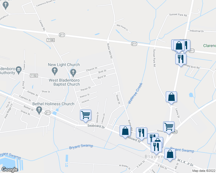map of restaurants, bars, coffee shops, grocery stores, and more near 119 Freeman Street in Bladenboro