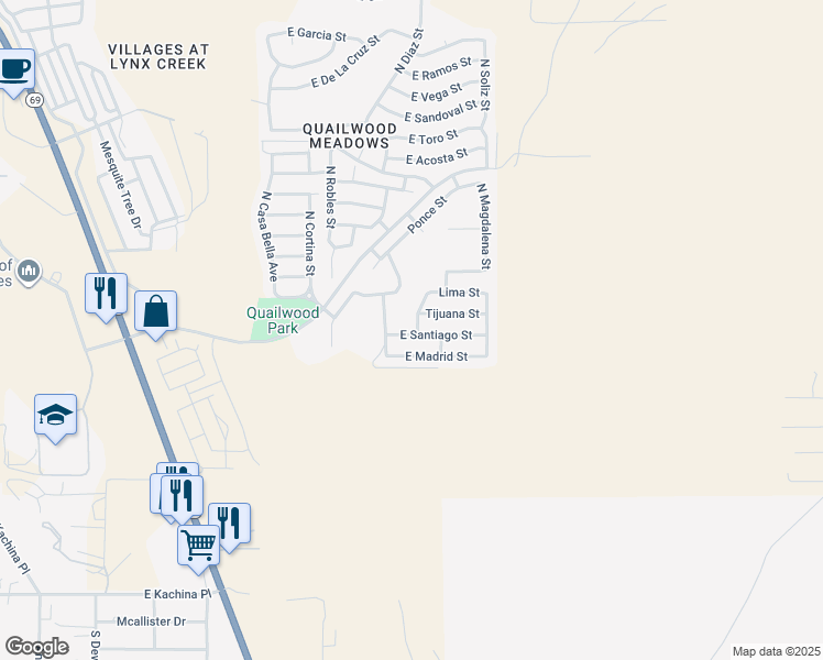 map of restaurants, bars, coffee shops, grocery stores, and more near 348 North Vargas Street in Prescott Valley