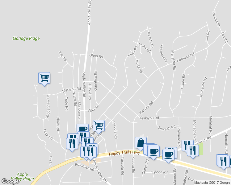 map of restaurants, bars, coffee shops, grocery stores, and more near 16321 Siskiyou Road in Apple Valley