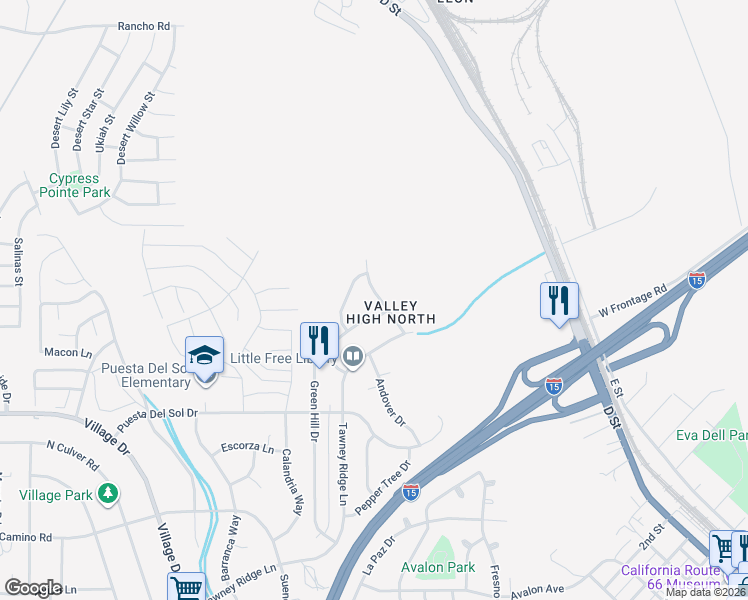 map of restaurants, bars, coffee shops, grocery stores, and more near 16353 Northwood Drive in Victorville