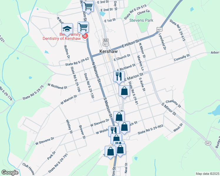 map of restaurants, bars, coffee shops, grocery stores, and more near 101 North Cleveland Street in Kershaw