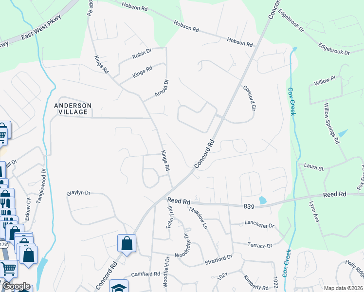 map of restaurants, bars, coffee shops, grocery stores, and more near 516 Brittany Park in Anderson
