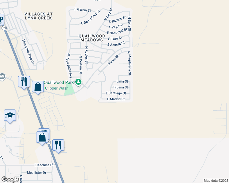 map of restaurants, bars, coffee shops, grocery stores, and more near 12992 East Santiago Street in Prescott Valley