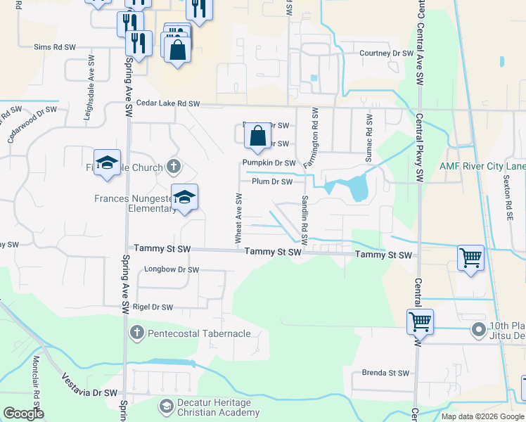 map of restaurants, bars, coffee shops, grocery stores, and more near 602 Wheeler Drive in Decatur