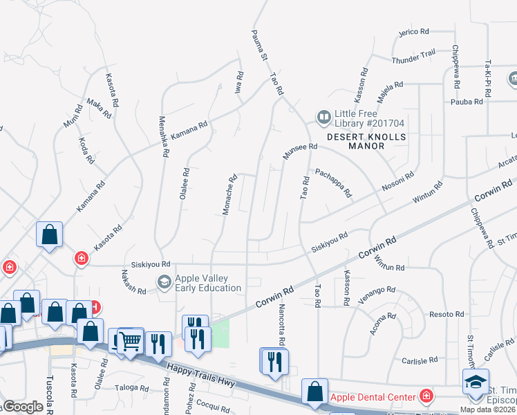 map of restaurants, bars, coffee shops, grocery stores, and more near 16325 Malahat Road in Apple Valley