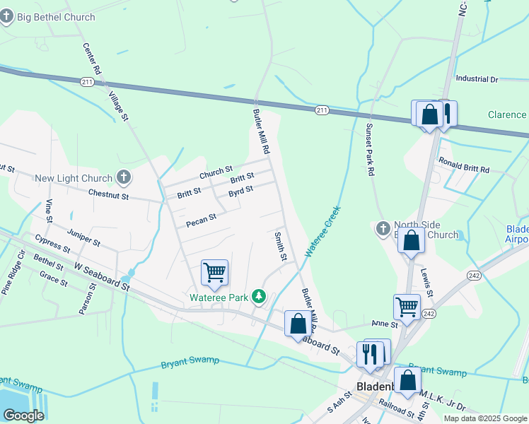 map of restaurants, bars, coffee shops, grocery stores, and more near 115 Freeman Street in Bladenboro
