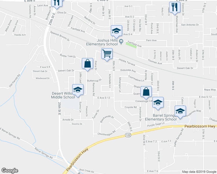 map of restaurants, bars, coffee shops, grocery stores, and more near 2818 Pewter Avenue in Palmdale