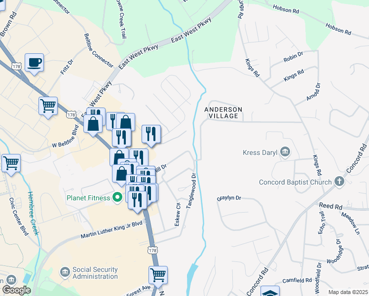map of restaurants, bars, coffee shops, grocery stores, and more near 215 Forest Hill Drive in Anderson
