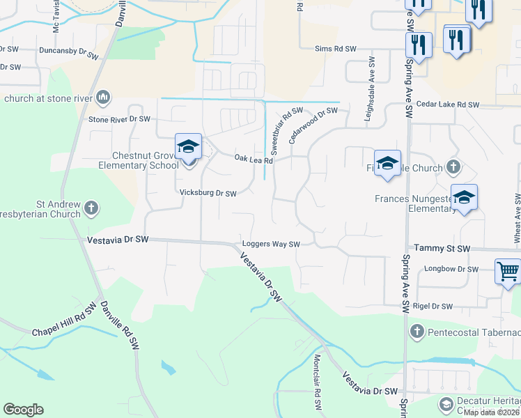 map of restaurants, bars, coffee shops, grocery stores, and more near 3215 Sweetbriar Road Southwest in Decatur