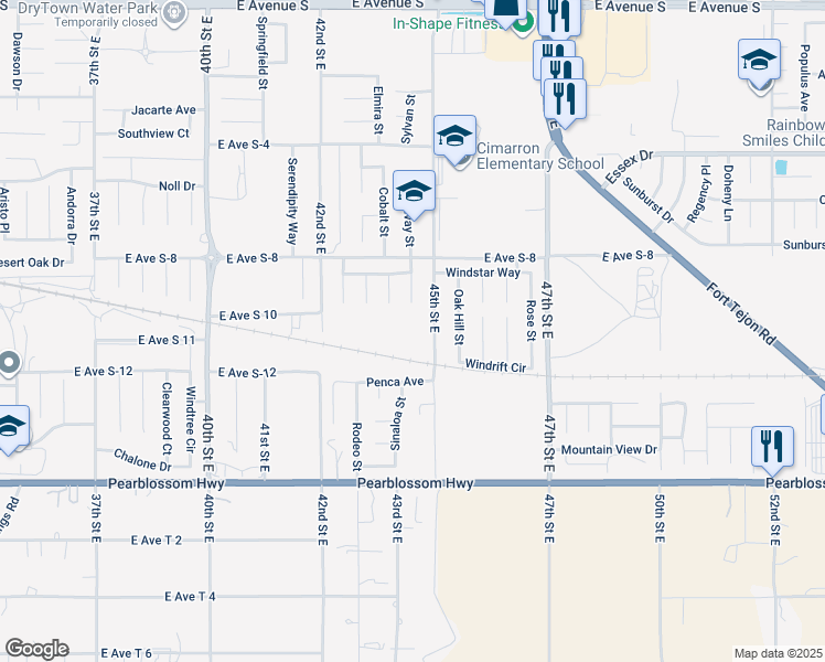 map of restaurants, bars, coffee shops, grocery stores, and more near 36651 45th Street East in Palmdale