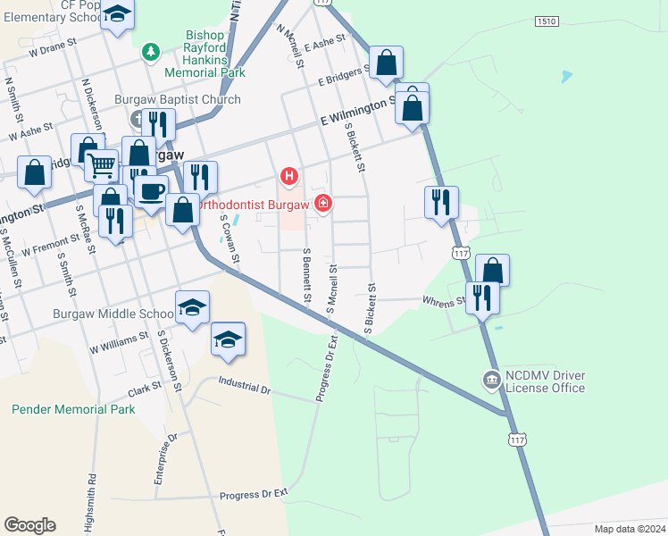 map of restaurants, bars, coffee shops, grocery stores, and more near East Pullen Street in Burgaw
