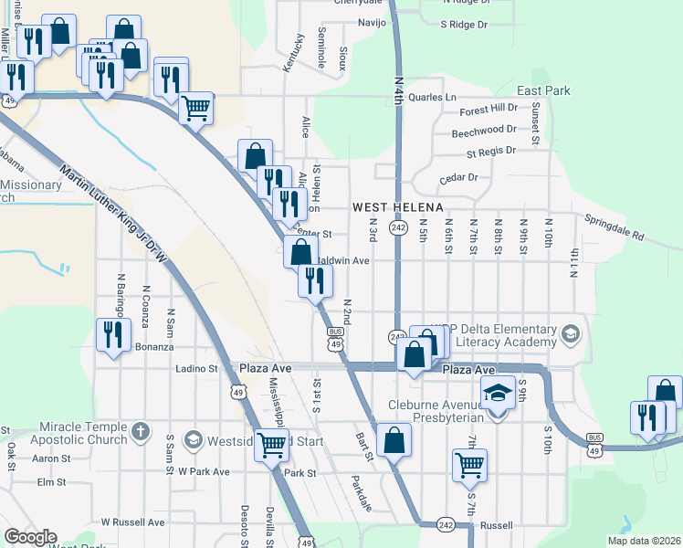 map of restaurants, bars, coffee shops, grocery stores, and more near 203 East Baldwin Avenue in Helena-West Helena