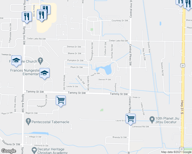map of restaurants, bars, coffee shops, grocery stores, and more near 420 Denver Place Southwest in Decatur