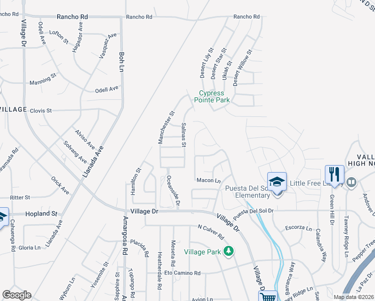 map of restaurants, bars, coffee shops, grocery stores, and more near 16339 Salinas Street in Victorville