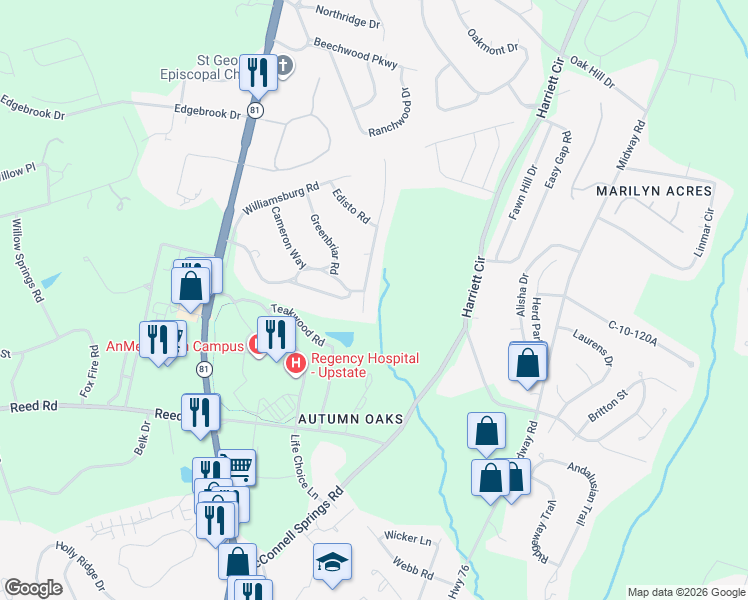 map of restaurants, bars, coffee shops, grocery stores, and more near 104 Fox Creek Road in Anderson