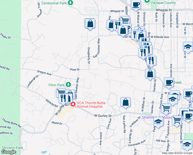 map of restaurants, bars, coffee shops, grocery stores, and more near 1101 Norris Road in Prescott