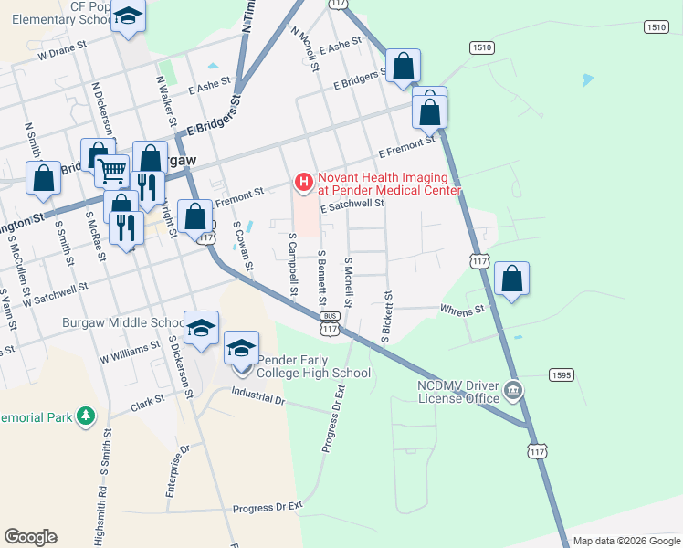 map of restaurants, bars, coffee shops, grocery stores, and more near 702 South Mcneil Street in Burgaw