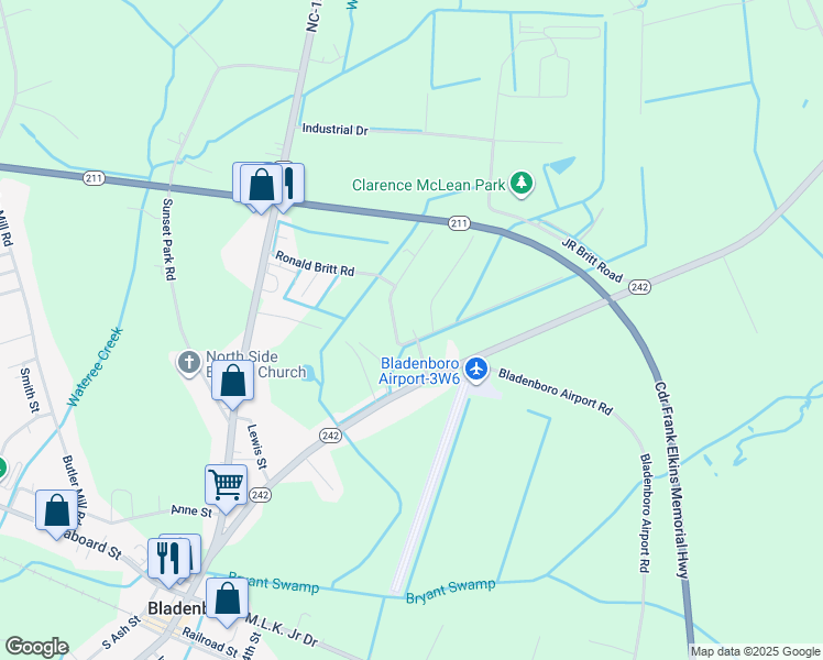 map of restaurants, bars, coffee shops, grocery stores, and more near 519 Ronald Britt Road in Bladenboro