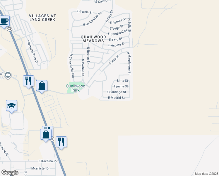 map of restaurants, bars, coffee shops, grocery stores, and more near 348 North Vargas Street in Prescott Valley