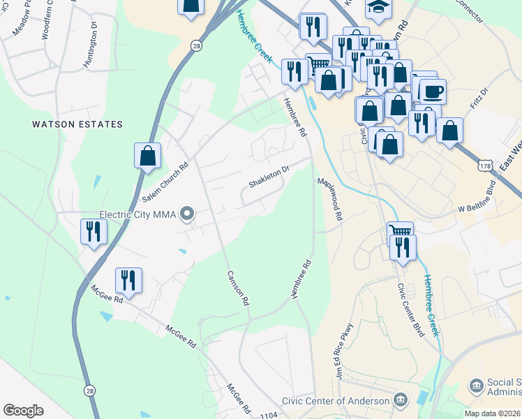 map of restaurants, bars, coffee shops, grocery stores, and more near 129 Patagonia Road in Anderson
