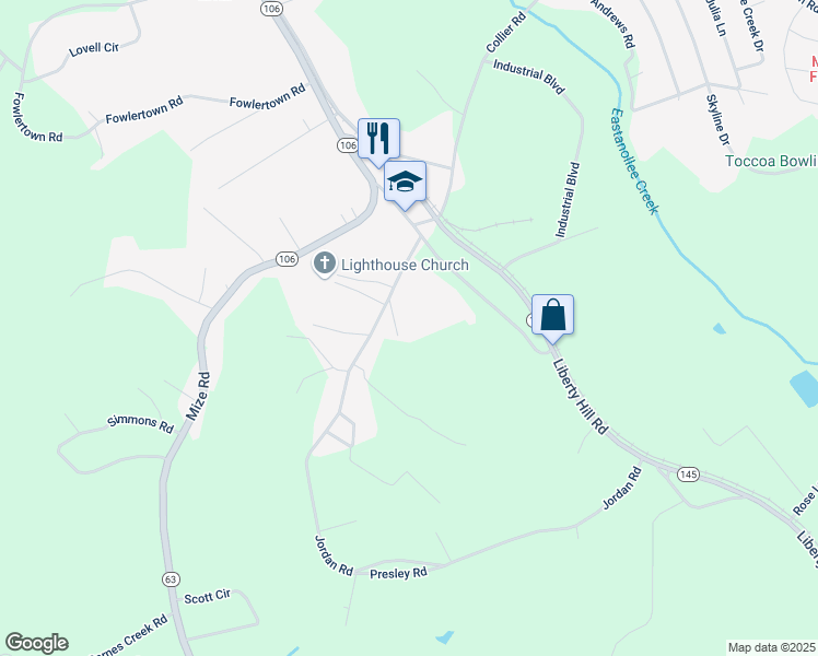 map of restaurants, bars, coffee shops, grocery stores, and more near 45 Field Road in Toccoa
