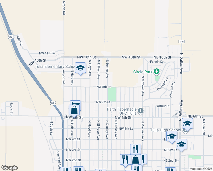 map of restaurants, bars, coffee shops, grocery stores, and more near 510 Northwest 8th Street in Tulia