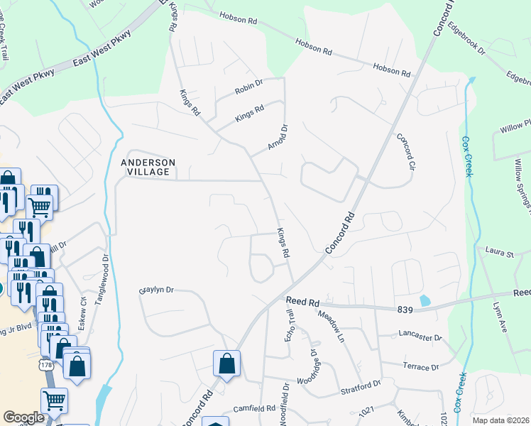 map of restaurants, bars, coffee shops, grocery stores, and more near 305 Kings Road in Anderson