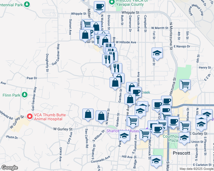 map of restaurants, bars, coffee shops, grocery stores, and more near 451 El Monte Drive in Prescott