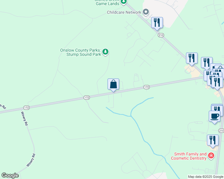 map of restaurants, bars, coffee shops, grocery stores, and more near 1799 Highway 172 in Sneads Ferry