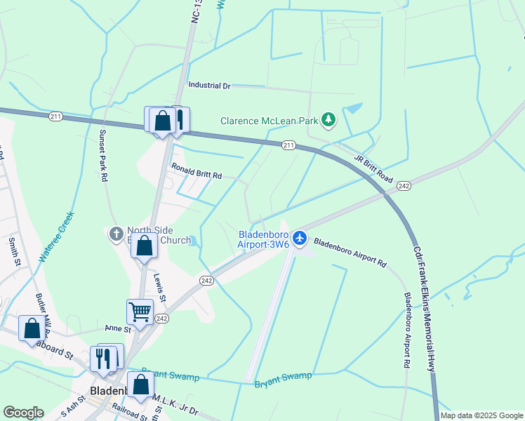 map of restaurants, bars, coffee shops, grocery stores, and more near 11 S&S Road in Bladenboro