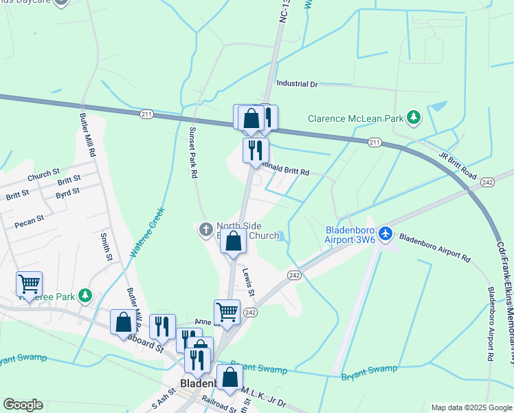 map of restaurants, bars, coffee shops, grocery stores, and more near 909 North Main Street in Bladenboro