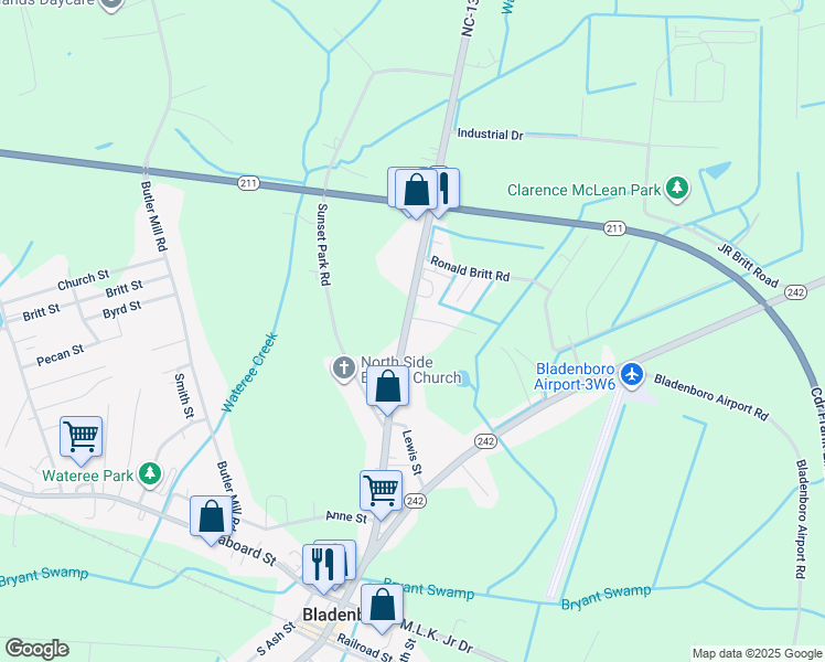 map of restaurants, bars, coffee shops, grocery stores, and more near 909 North Main Street in Bladenboro