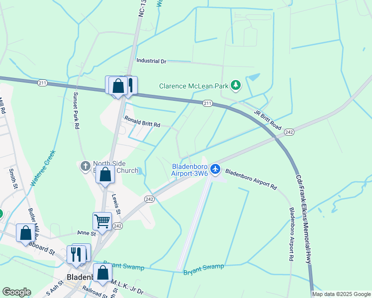 map of restaurants, bars, coffee shops, grocery stores, and more near 519 Ronald Britt Road in Bladenboro