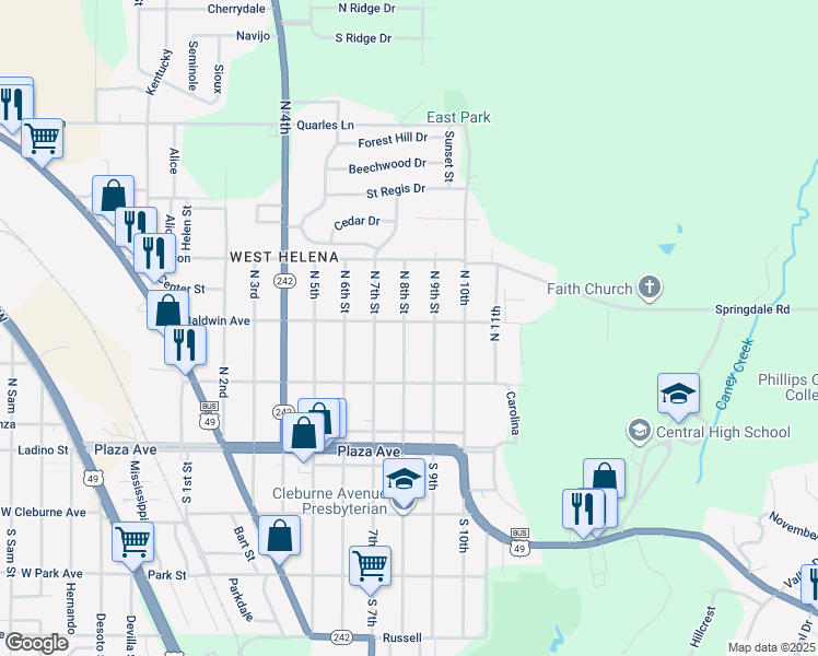 map of restaurants, bars, coffee shops, grocery stores, and more near 813 East Baldwin Avenue in Helena-West Helena