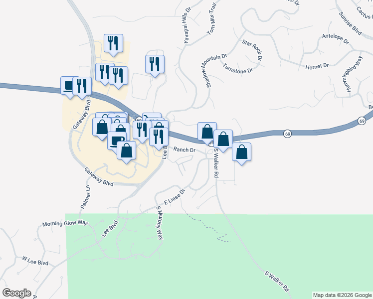 map of restaurants, bars, coffee shops, grocery stores, and more near Ranch Drive in Prescott