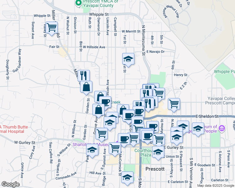 map of restaurants, bars, coffee shops, grocery stores, and more near 429 Campbell Street in Prescott