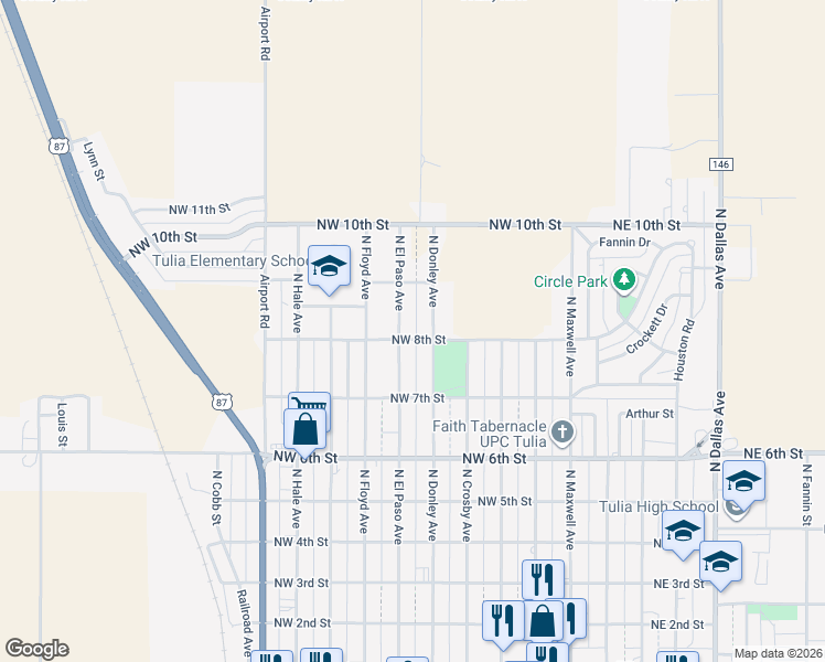 map of restaurants, bars, coffee shops, grocery stores, and more near 510 Northwest 8th Street in Tulia