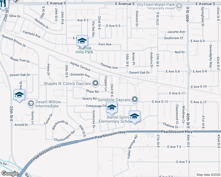 map of restaurants, bars, coffee shops, grocery stores, and more near 36709 33rd Street East in Palmdale