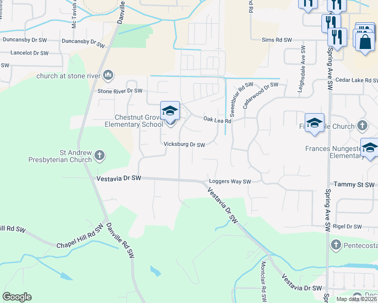 map of restaurants, bars, coffee shops, grocery stores, and more near 3301 Cedar Cove Southwest in Decatur