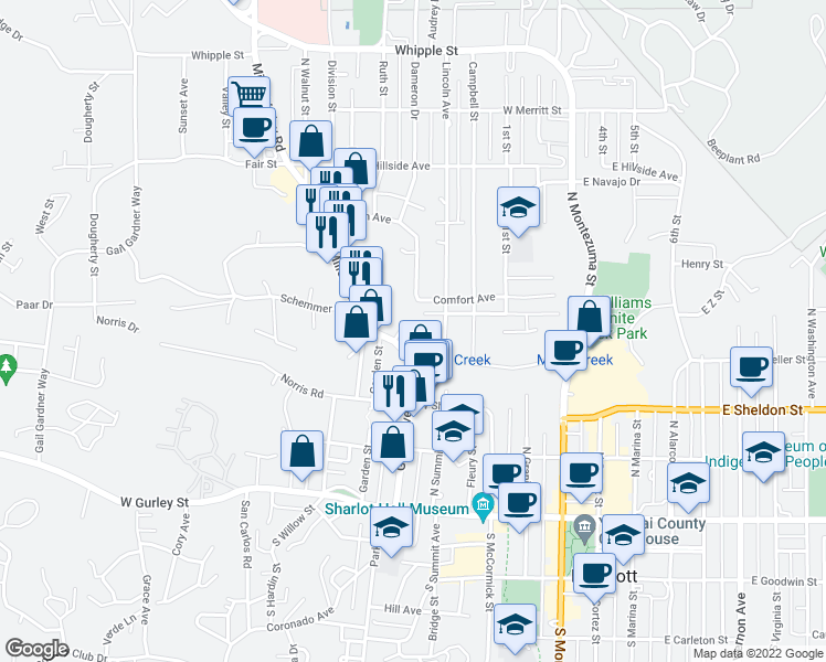 map of restaurants, bars, coffee shops, grocery stores, and more near 531 Madison Avenue in Prescott