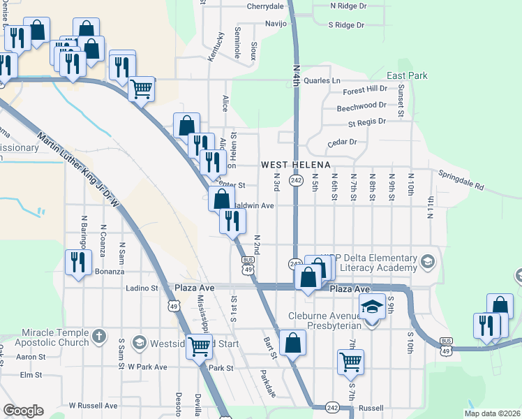 map of restaurants, bars, coffee shops, grocery stores, and more near 203 East Baldwin Avenue in Helena-West Helena