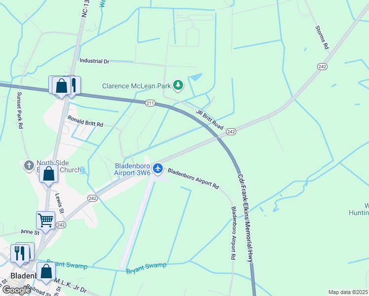 map of restaurants, bars, coffee shops, grocery stores, and more near 12414 North Carolina 242 in Bladenboro