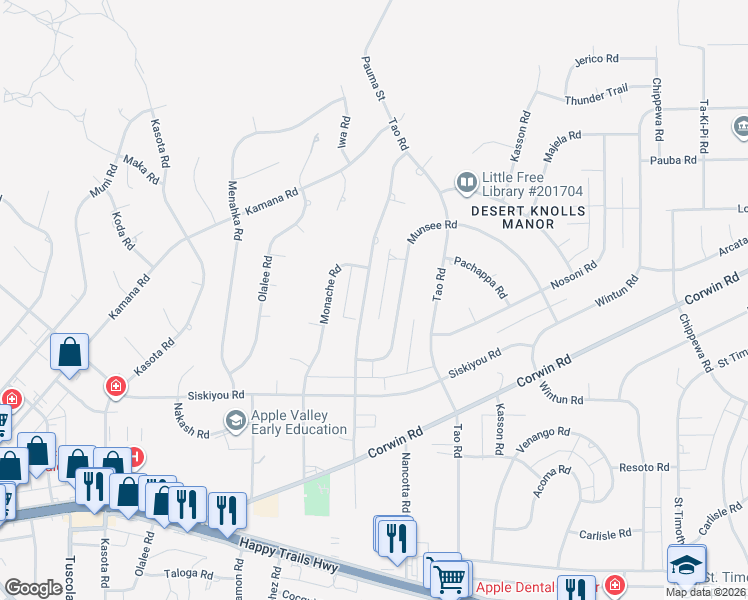map of restaurants, bars, coffee shops, grocery stores, and more near 16325 Malahat Road in Apple Valley