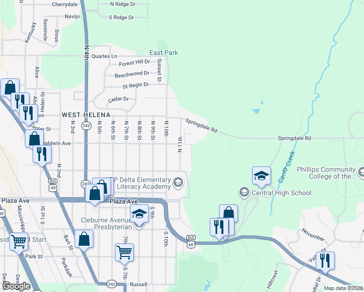map of restaurants, bars, coffee shops, grocery stores, and more near 304 North 11th in Helena-West Helena
