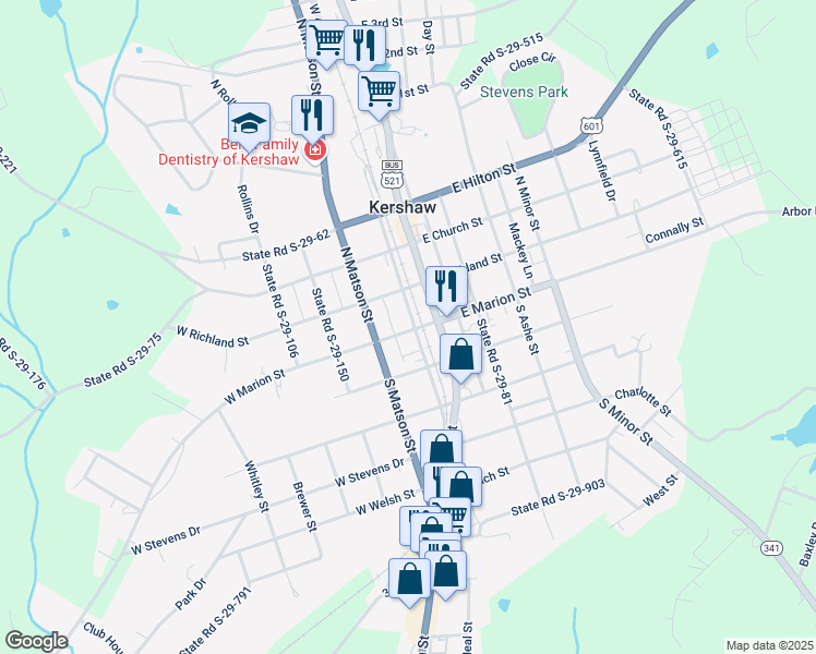 map of restaurants, bars, coffee shops, grocery stores, and more near 101 North Cleveland Street in Kershaw
