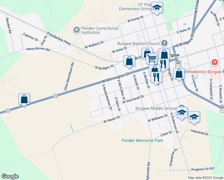 map of restaurants, bars, coffee shops, grocery stores, and more near 700 West Fremont Street in Burgaw